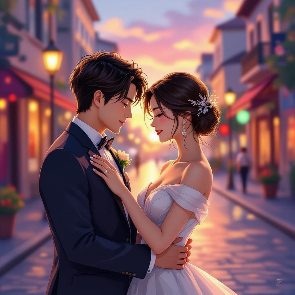 Romantic Sunset Encounter in Anime Style