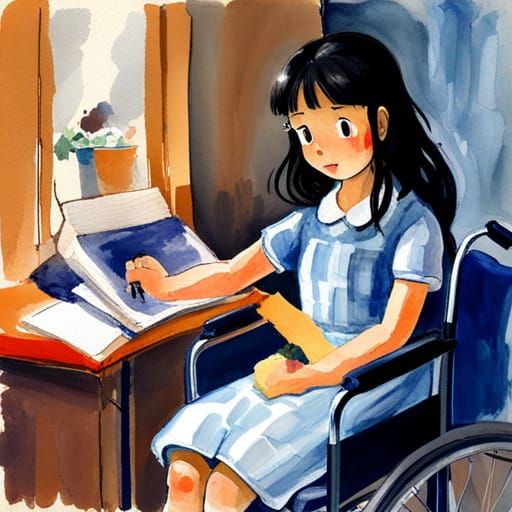 Girl in Wheelchair, Anime Style Gouache Painting