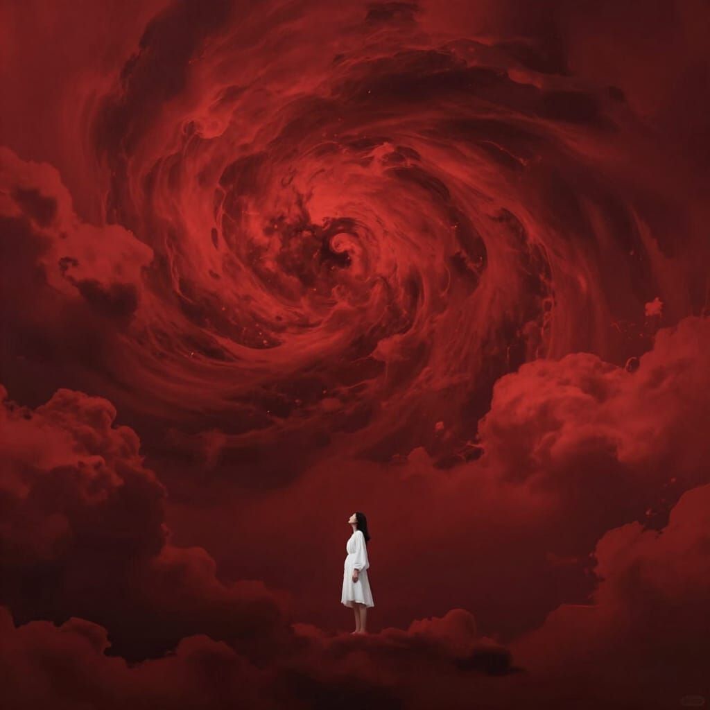 Expressionist Red Sky With Swirling Clouds and Solitary Figu...