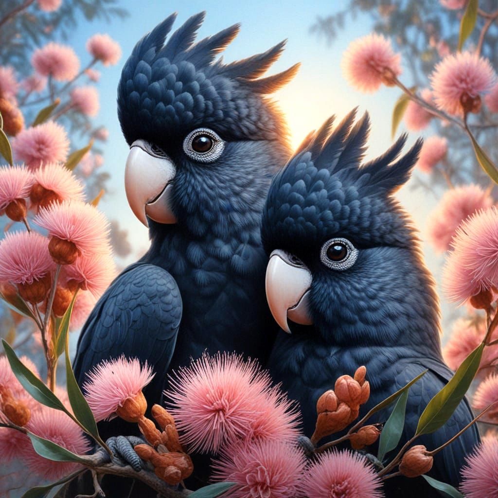 Beautiful Black Cockatoos in a pink flowering gum tree