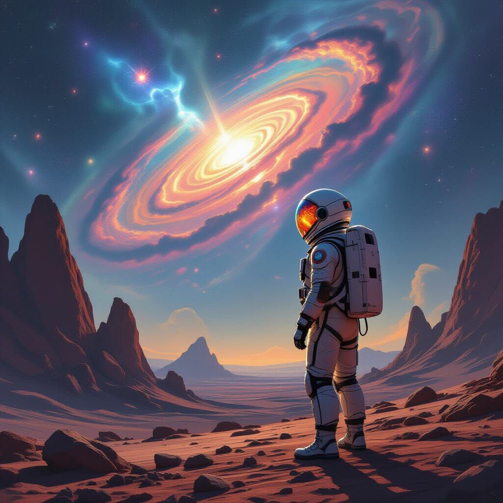 Astronaut Gazing at Nebula on Alien Planet