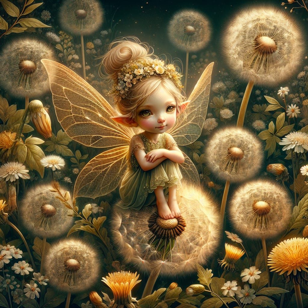 Golden-Winged Fairy on Dandelion, Matte Painting