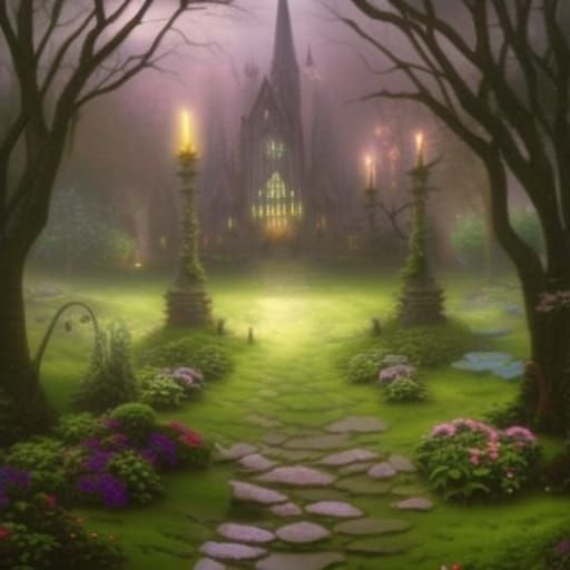 Ethereal gothic Garden with Natural oasis in the middle& gothic vibes& ethereal vibes& dark fantasy vibes& fantasy vibes...
