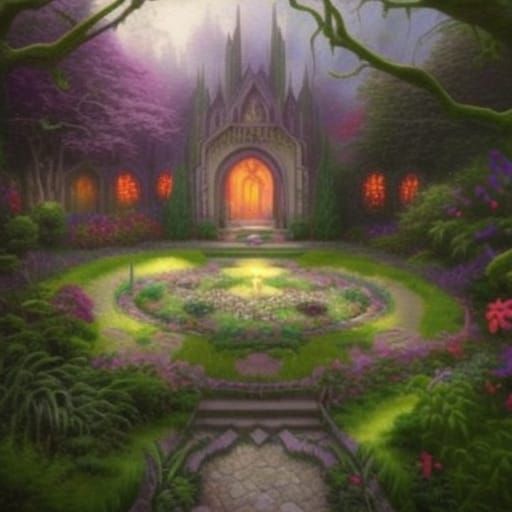Ethereal gothic Garden with Natural oasis in the middle& gothic vibes& ethereal vibes& dark fantasy vibes& fantasy vibes...