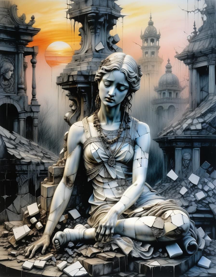 Shattered Porcelain Face in Mixed Media Style