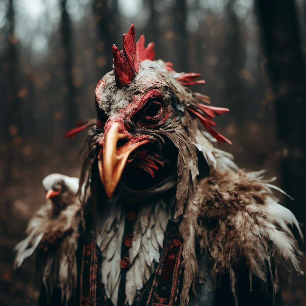 Chicken Mask Witch with Fish Heads in Macabre Style