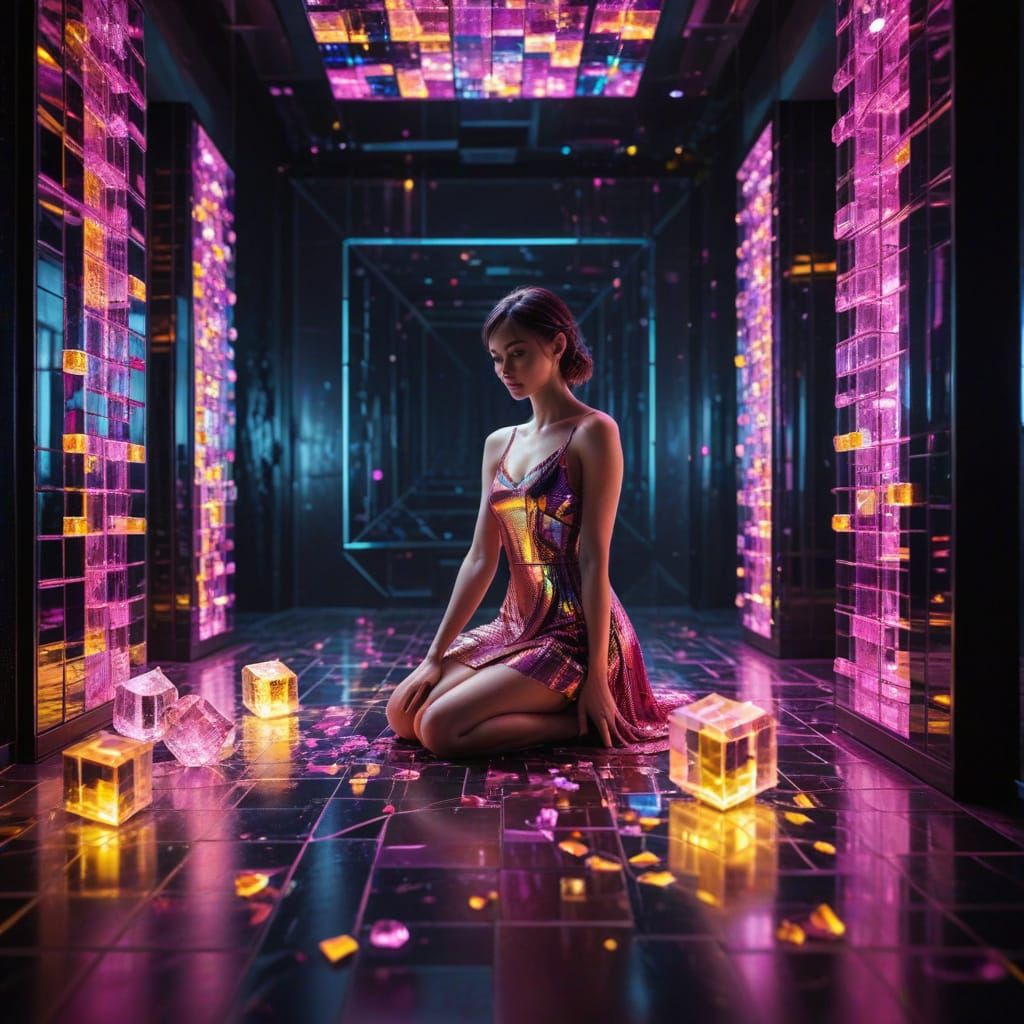 Woman Plays with Crystal Cubes in Futuristic Setting