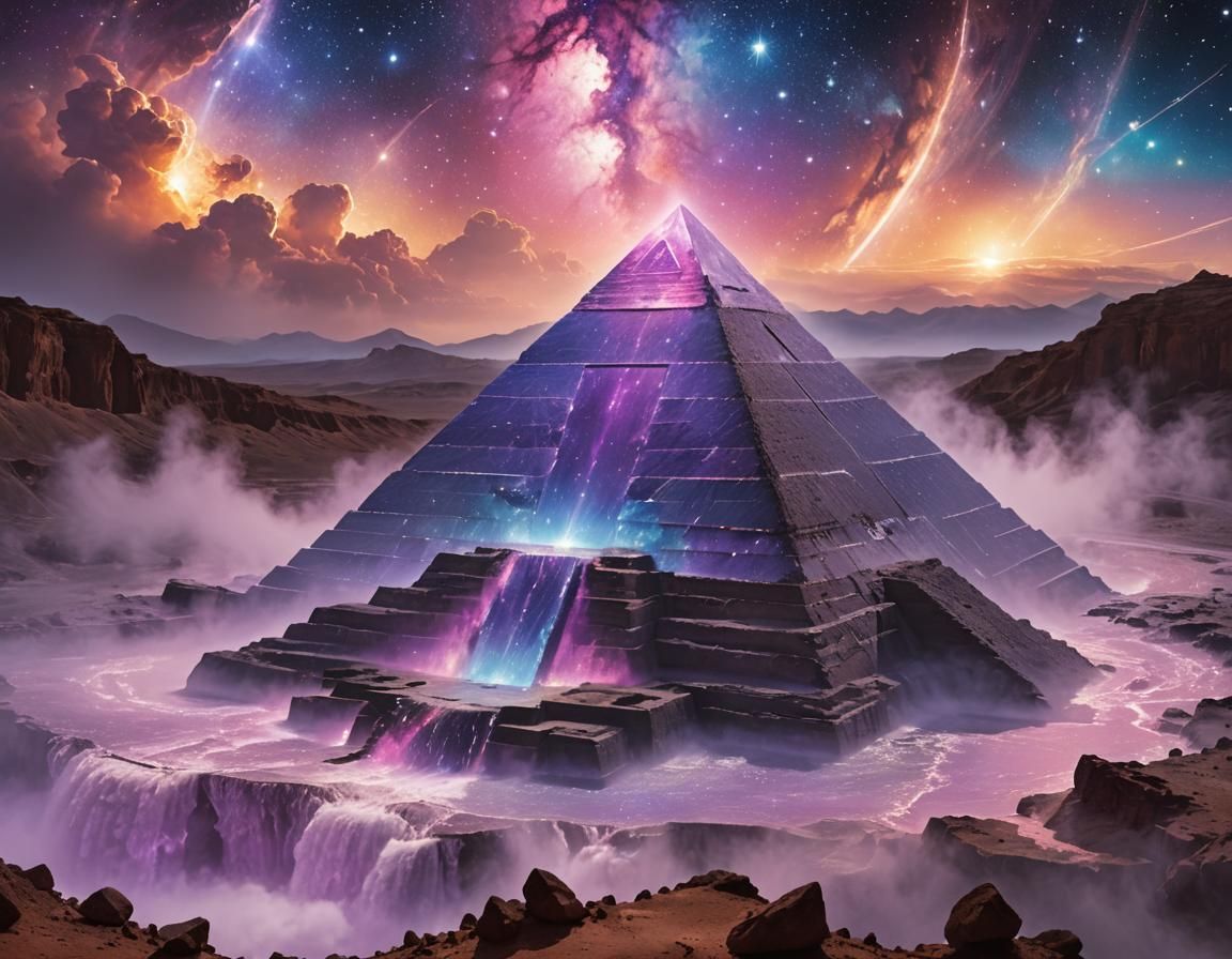 Crystalline Pyramid at Cosmic Crater in Mixed Media Style