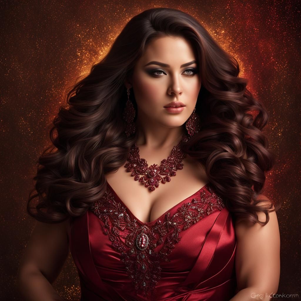 Voluptuous Woman in Ruby Dress: Digital Portrait