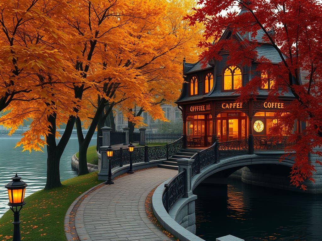 Victorian Riverbank Coffee Shop in Vibrant Autumn Colors