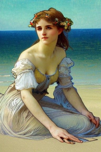 Romantic Portrait of Woman on Beach in Mucha Style