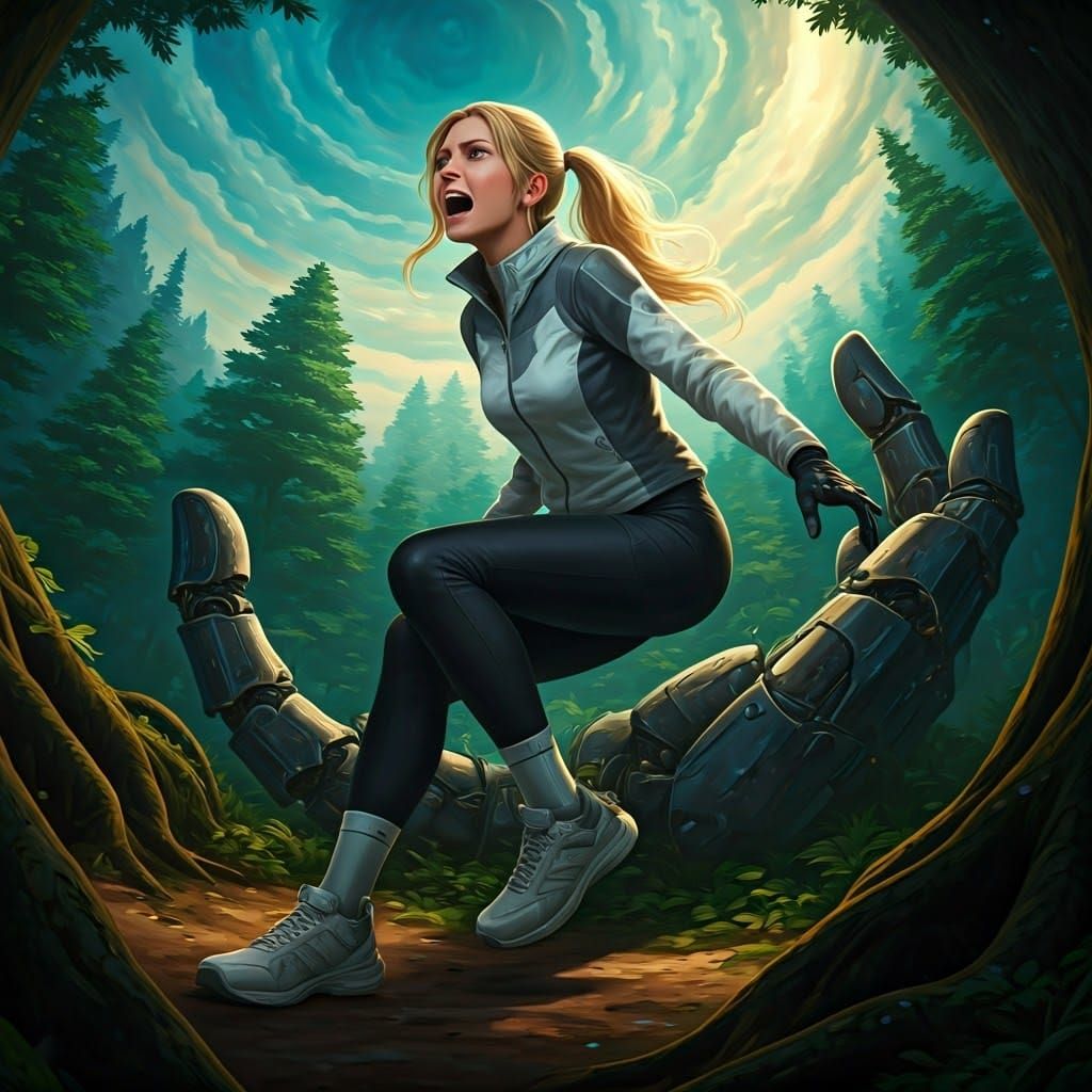 Woman Confronts Robot Hand in Fantasy Concept Art