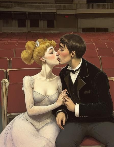 Romantic Couple Kissing in Opera, Toulouse-Lautrec Style