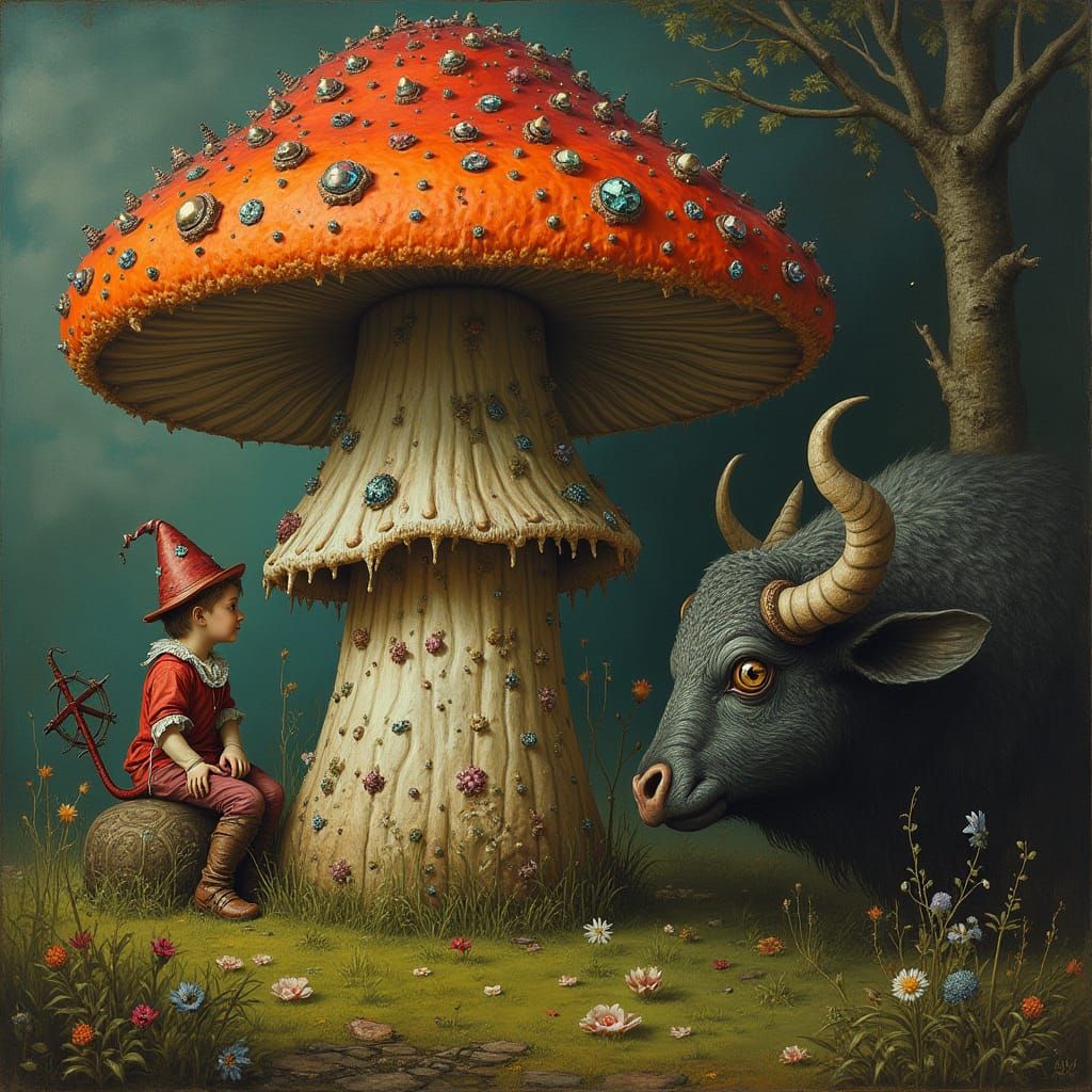 Dürer Style Grotesque Mushroom with Carnival Child and Fish