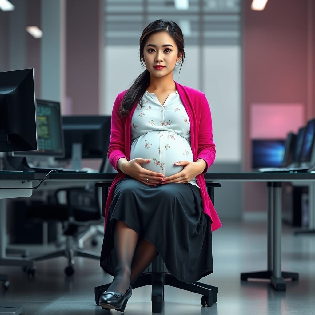 Serene Pregnant Asian Woman in IT Office Scene