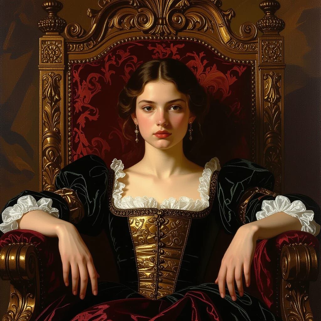 Baroque Portrait of Regal Woman on Ornate Throne
