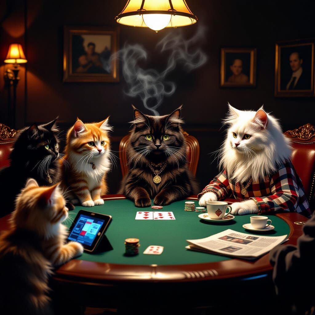 Cats Playing Poker in a Hyperrealistic Style