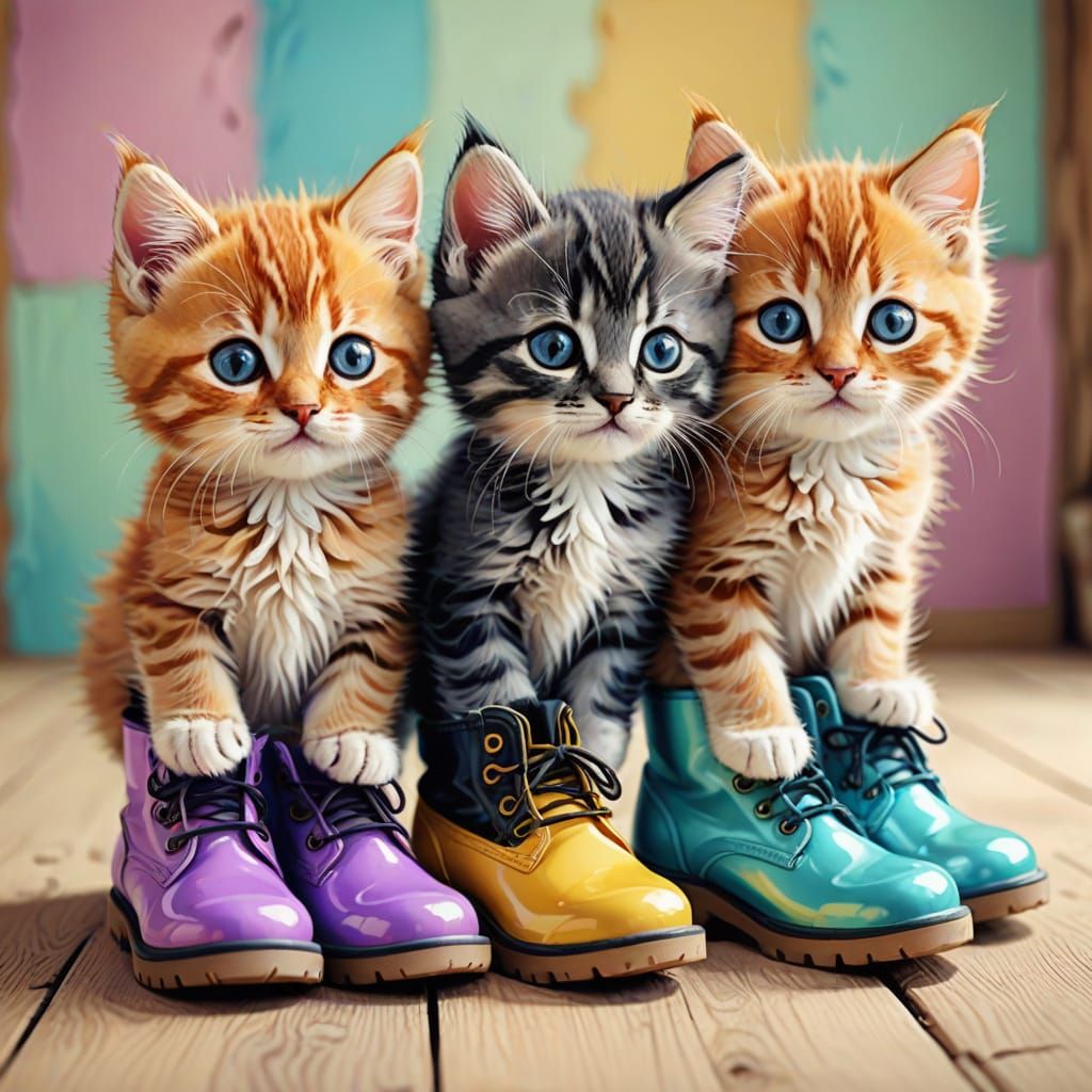 Cartoon Kittens in Boots Play in Pastel Colors