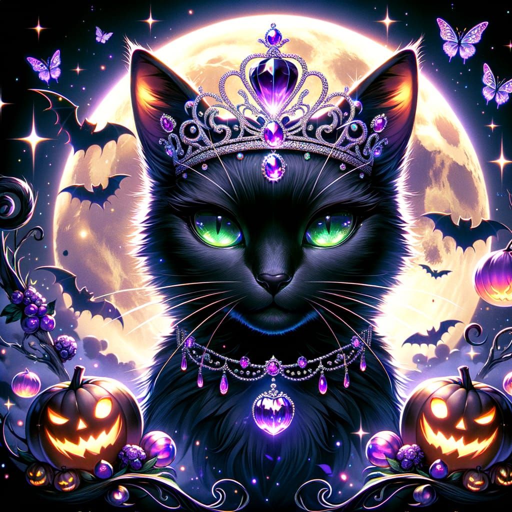 Halloween Black Cat Queen with Emerald Eyes in Anime Style