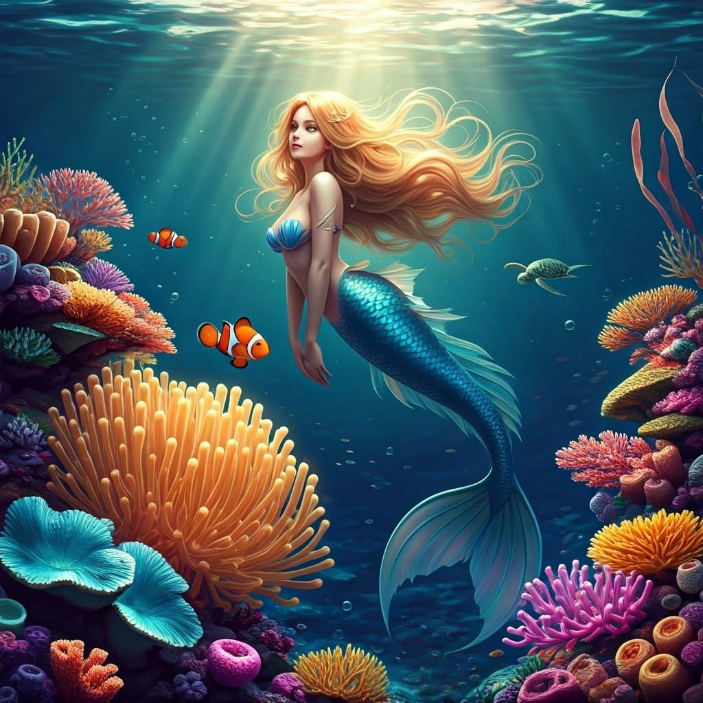 Mermaid in Coral Reef: 3D Anime Photorealism