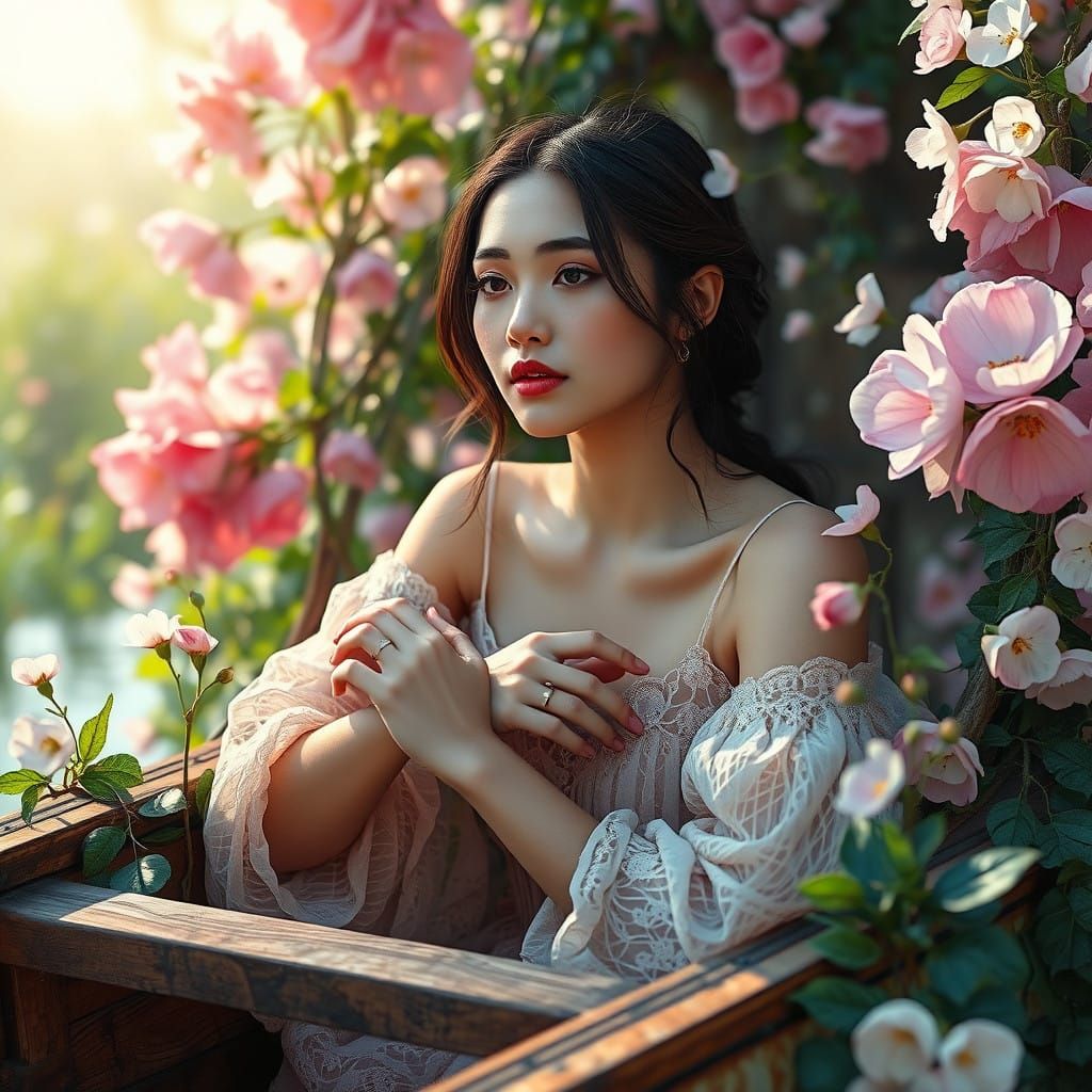 Serene Woman in Whimsical Garden Boat Scene, Hyperrealistic ...