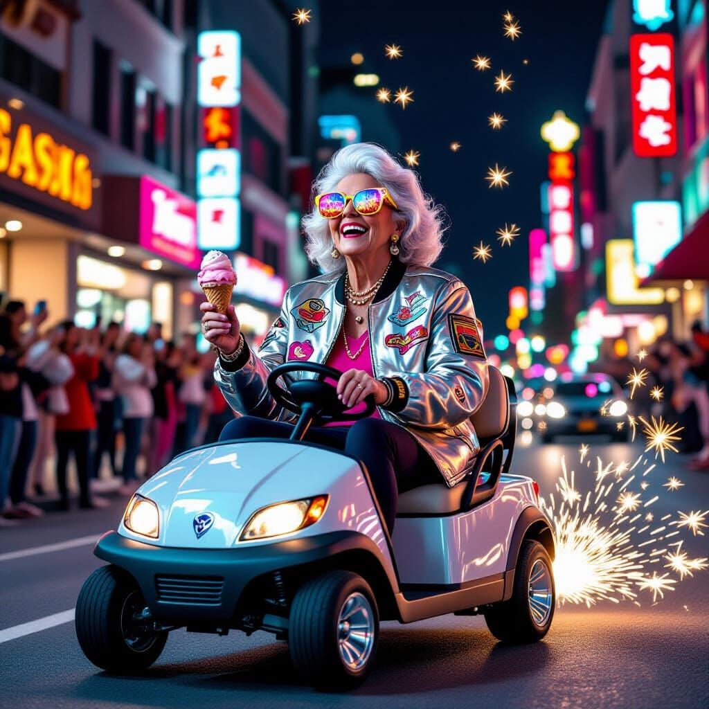 Silver-Haired Woman's Night Ride in Retro-Futuristic Style