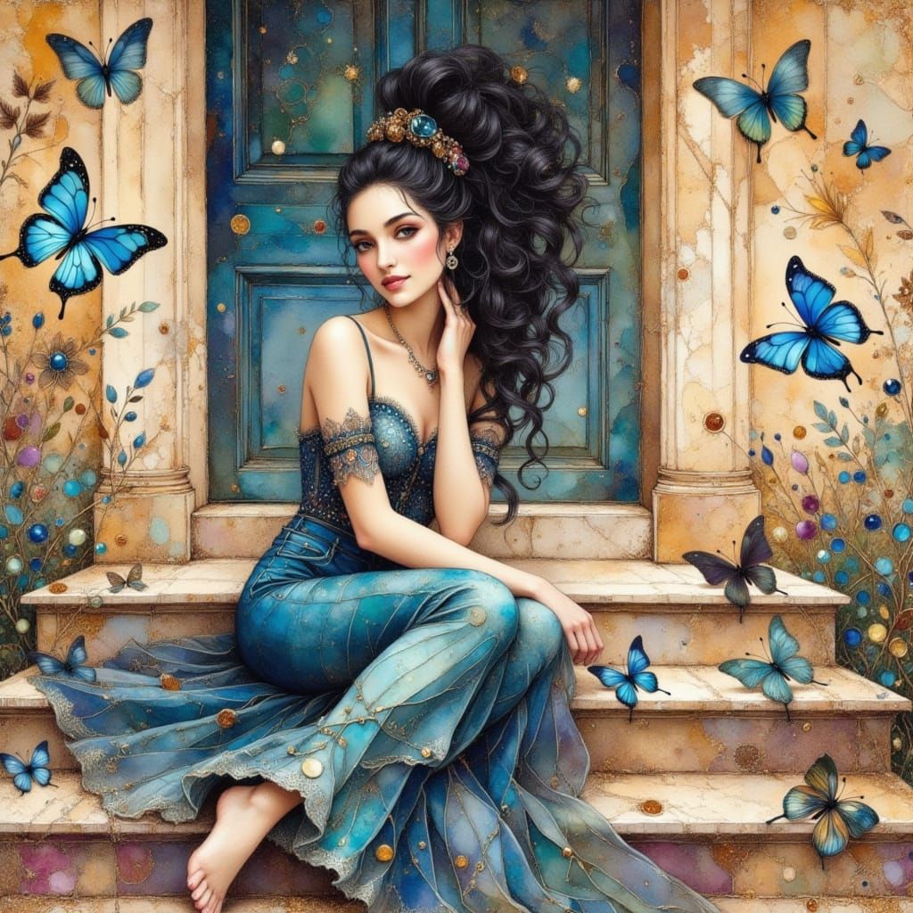 Ethereal Woman in Grunge Cosmic Night, French Chateau