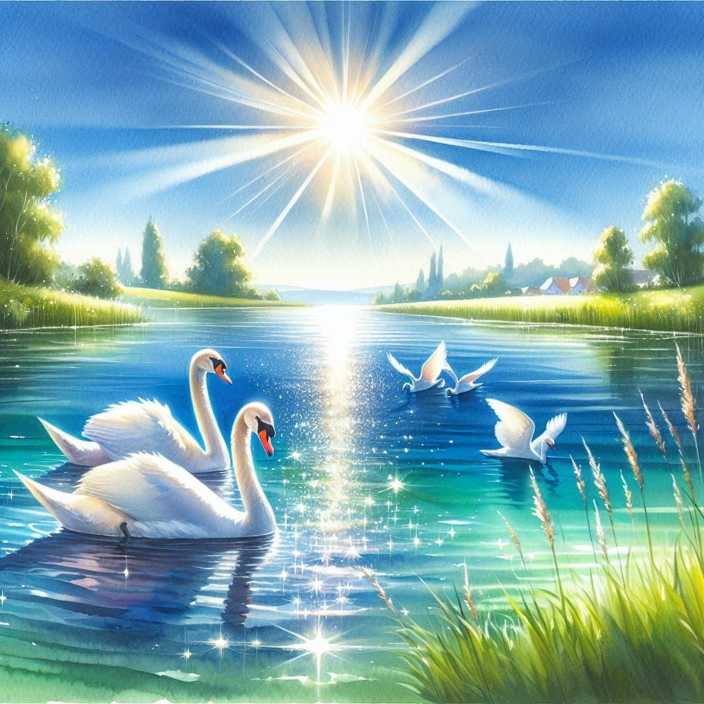 Watercolor Swans Floating on a Pristine Lake