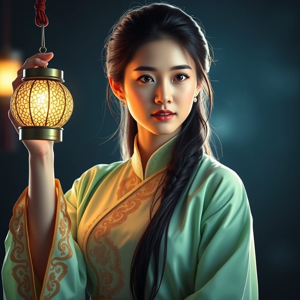 Korean Woman with Lantern in Traditional Hanbok