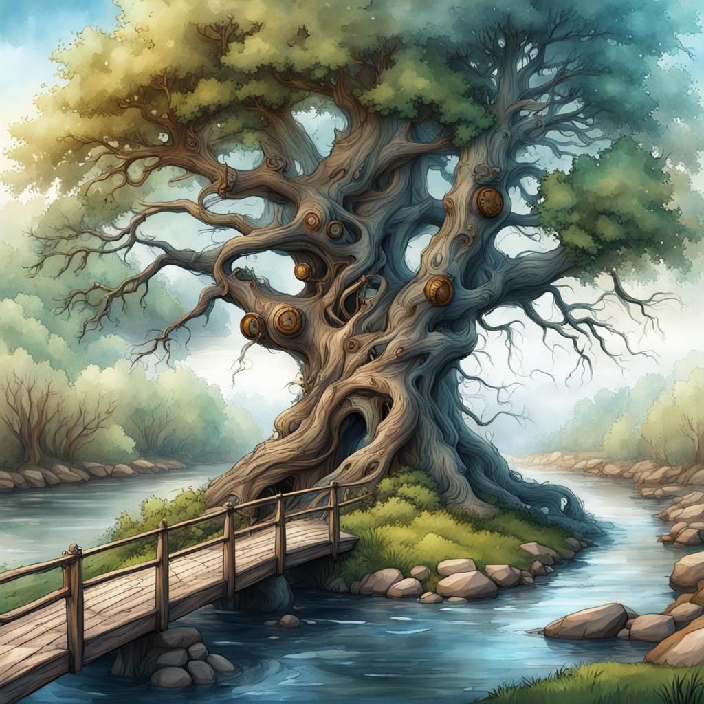 Watercolor Tree by Bridge with Clock