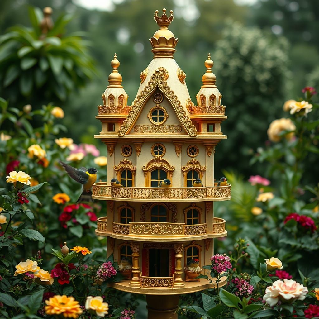 Miniature Royal Palace Birdhouse in Lush Garden