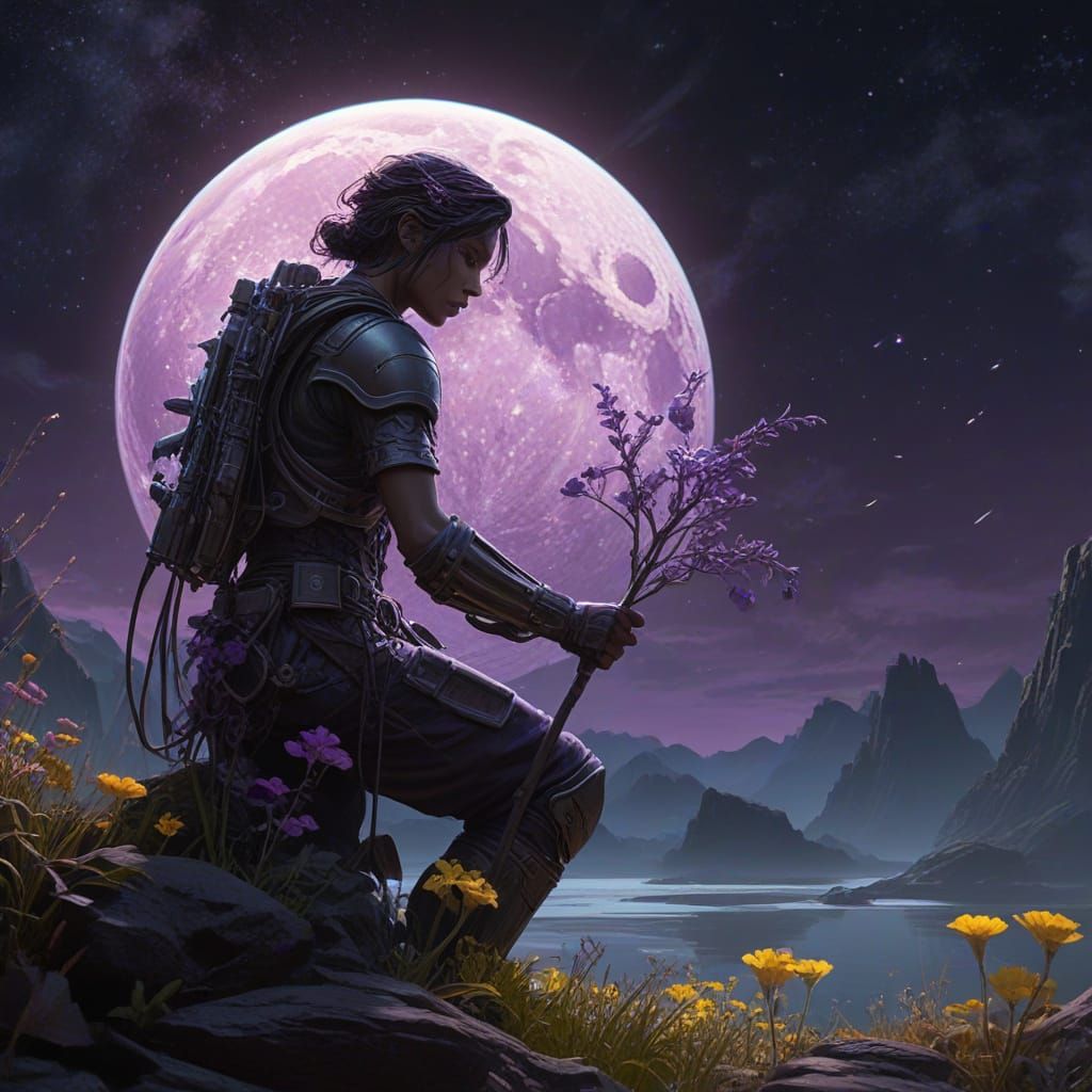 Celestial Gardener Tending Bioluminescent Moon Garden