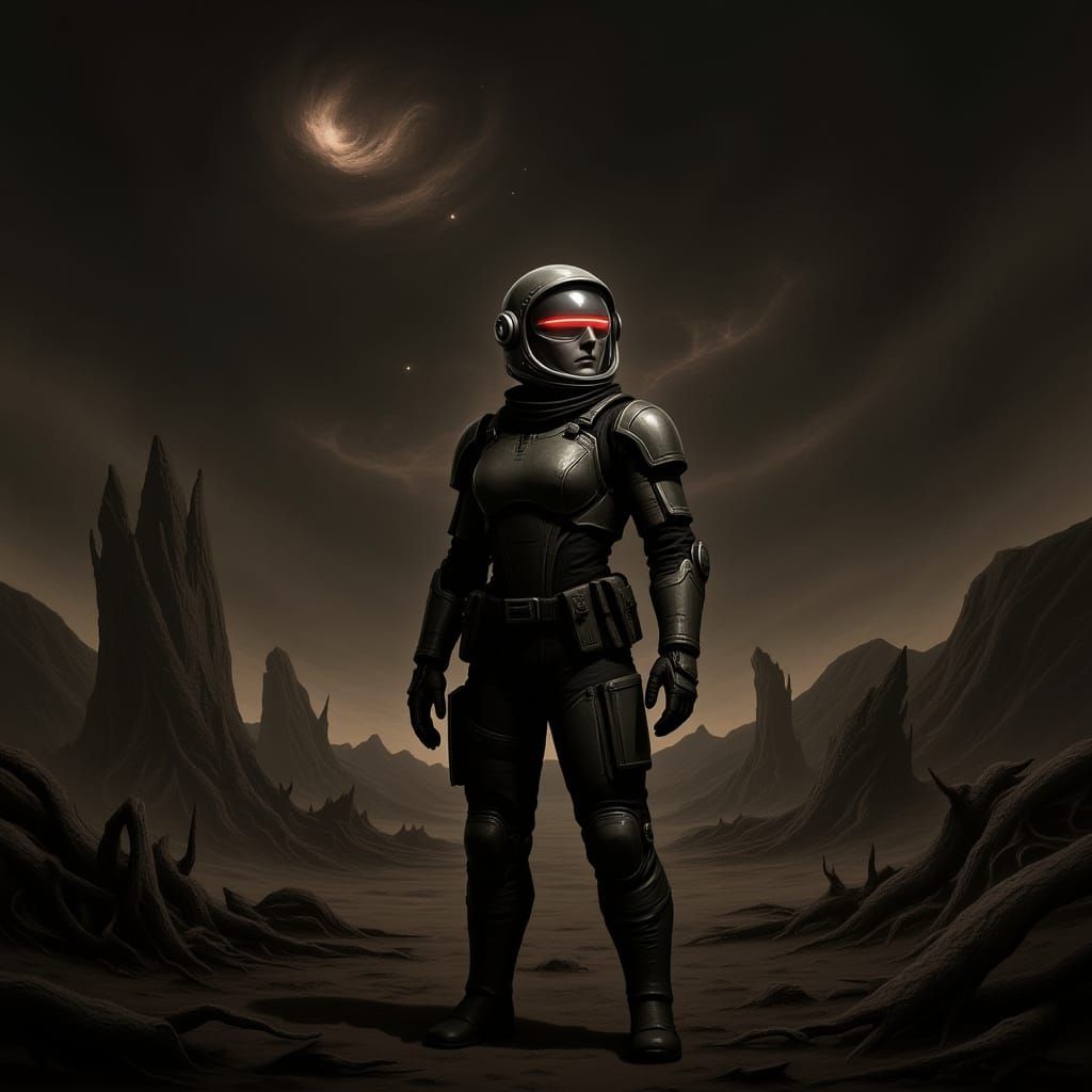 Astronaut on Alien Planet in Dark Sci-Fi Style
