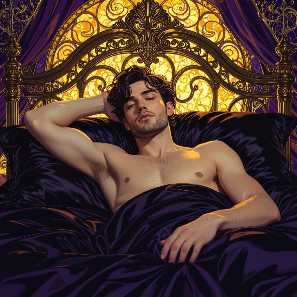 Young Man Reclining on Brass Bed with Black Satin Sheets