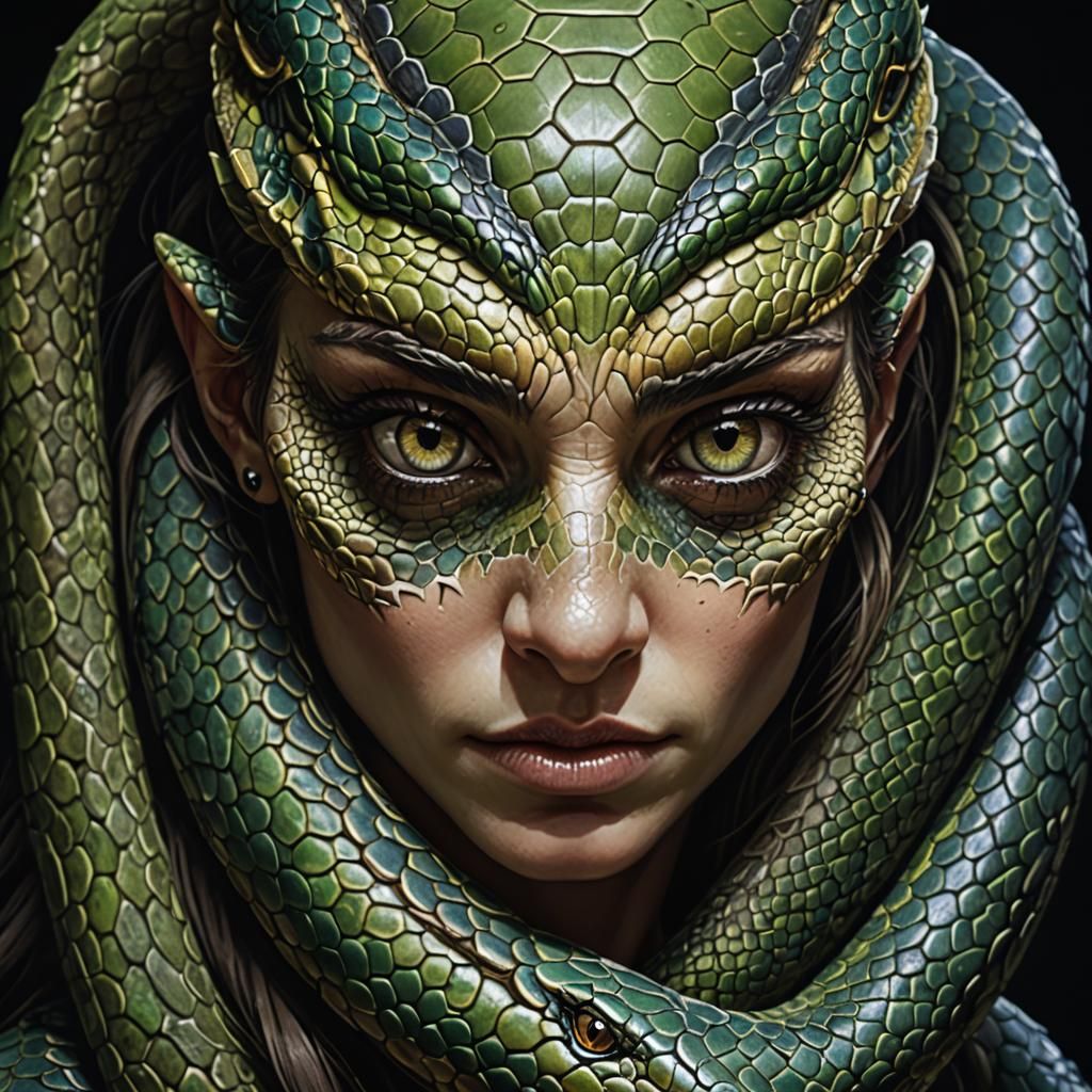Detailed Portrait of Snake-Woman Hybrid, Fantasy Art