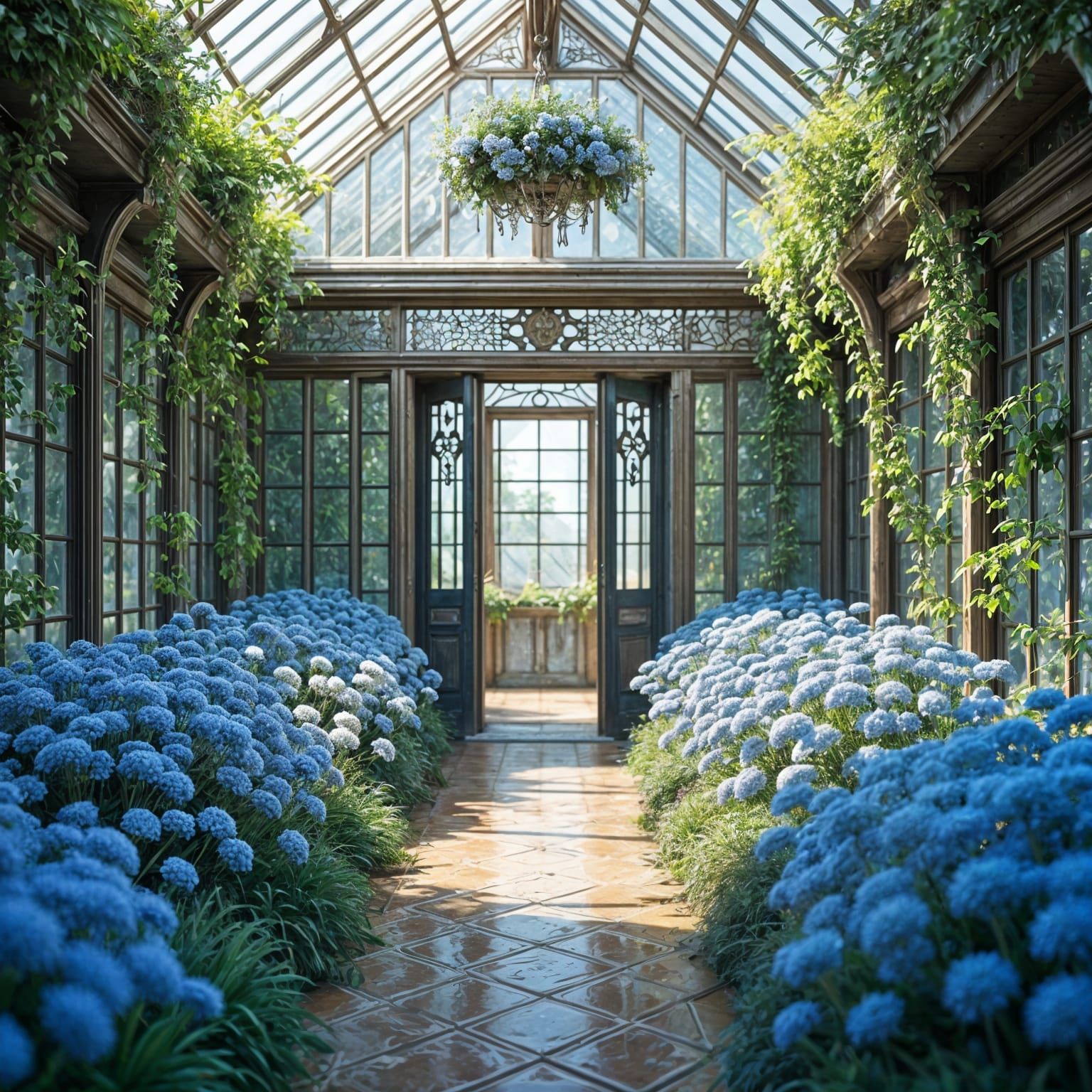 Victorian Greenhouse with Delicate Blue Flowers