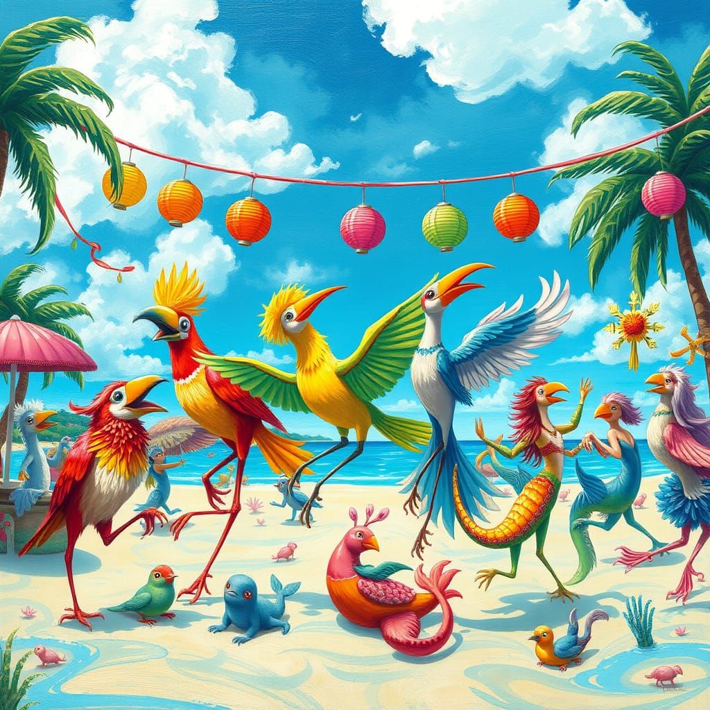 Whimsical Beachside Gathering in Vibrant, Fantastical Style