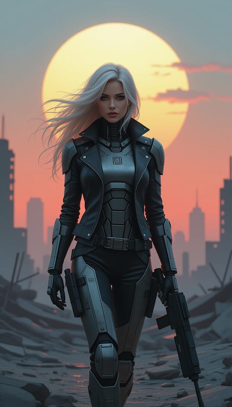 Cybernetic Woman in Ruined City, Industrial Futurism