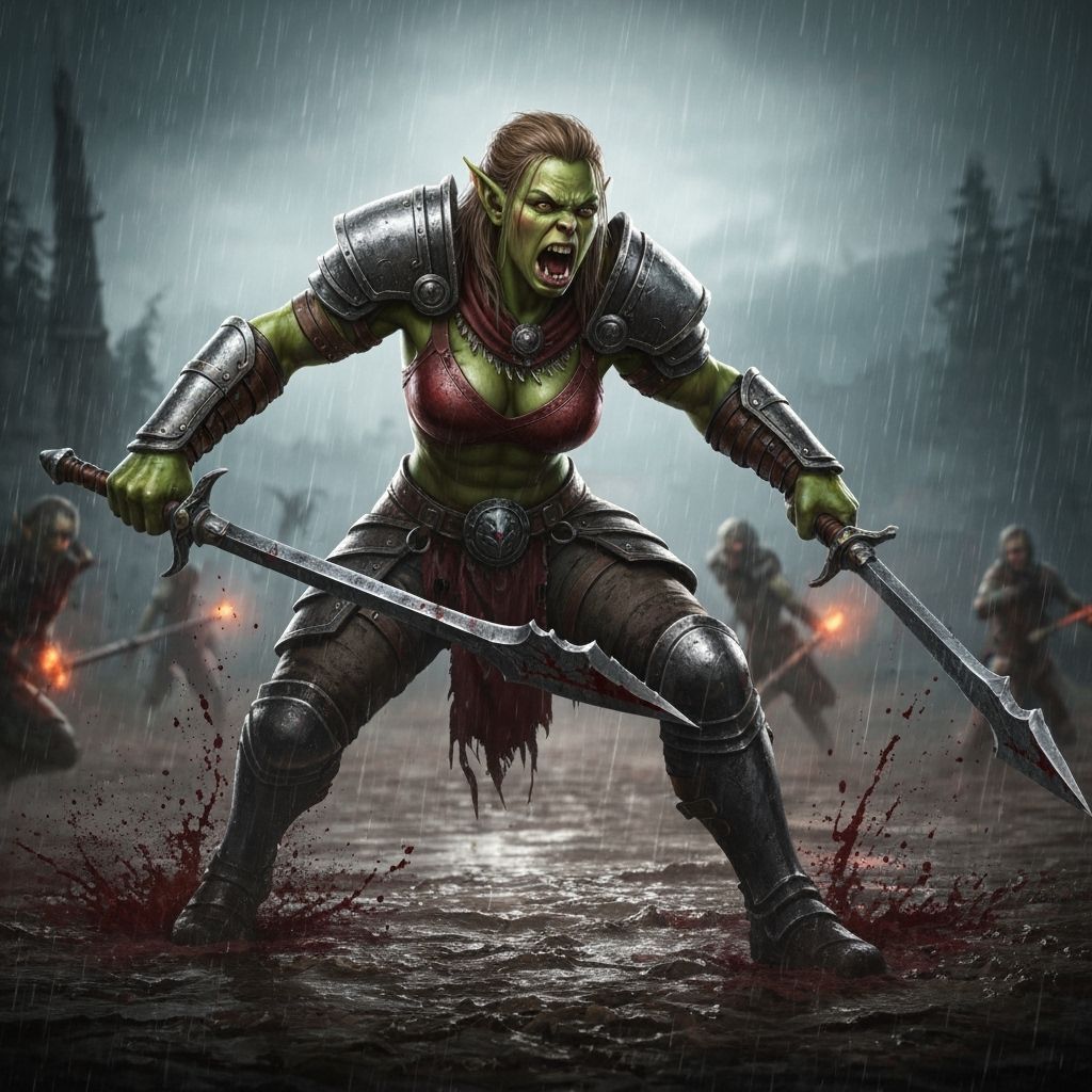 Fierce Orc Warrior Charges into Shadowy Battlefield