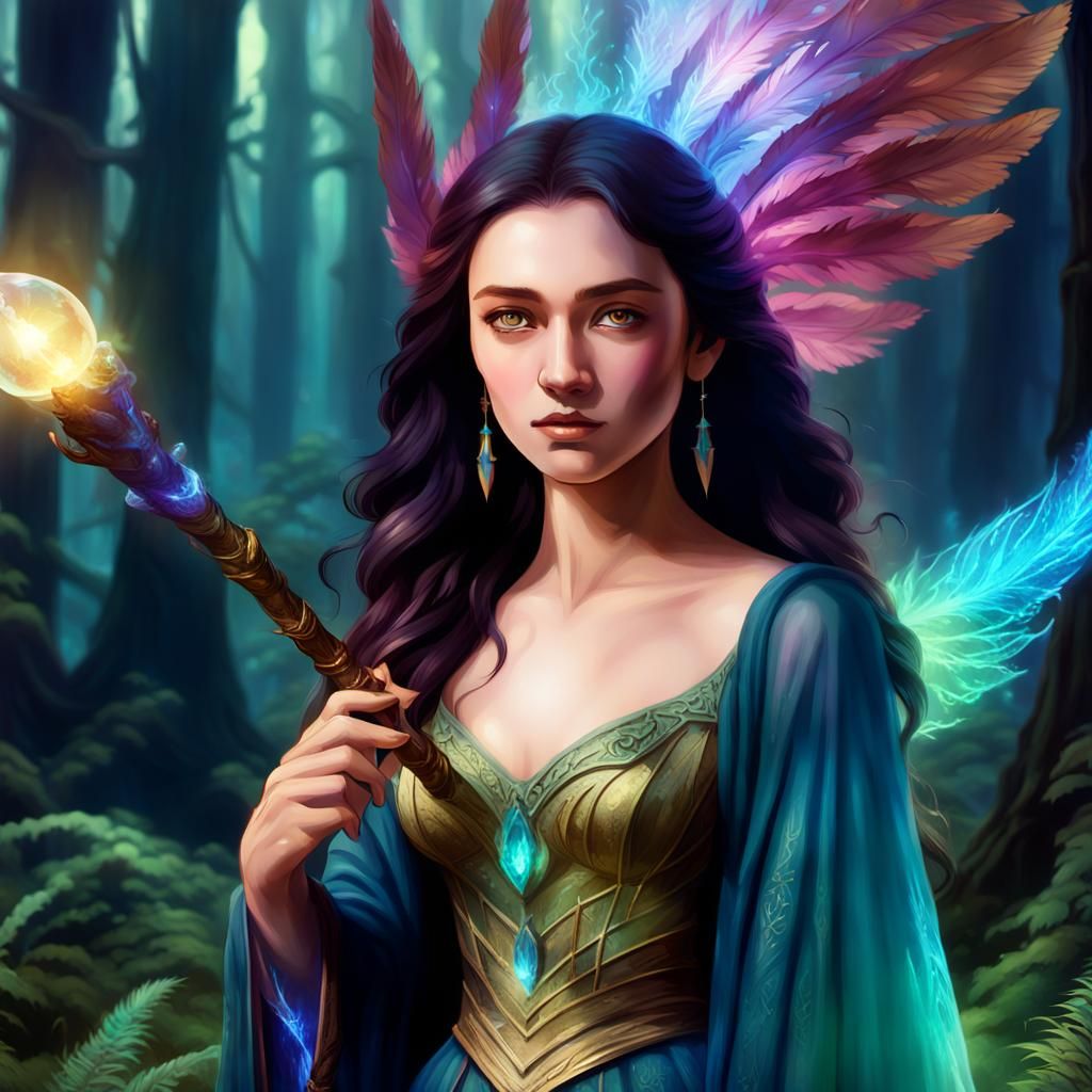 Mystical Sorceress in Ethereal Forest: Fantasy Concept Art