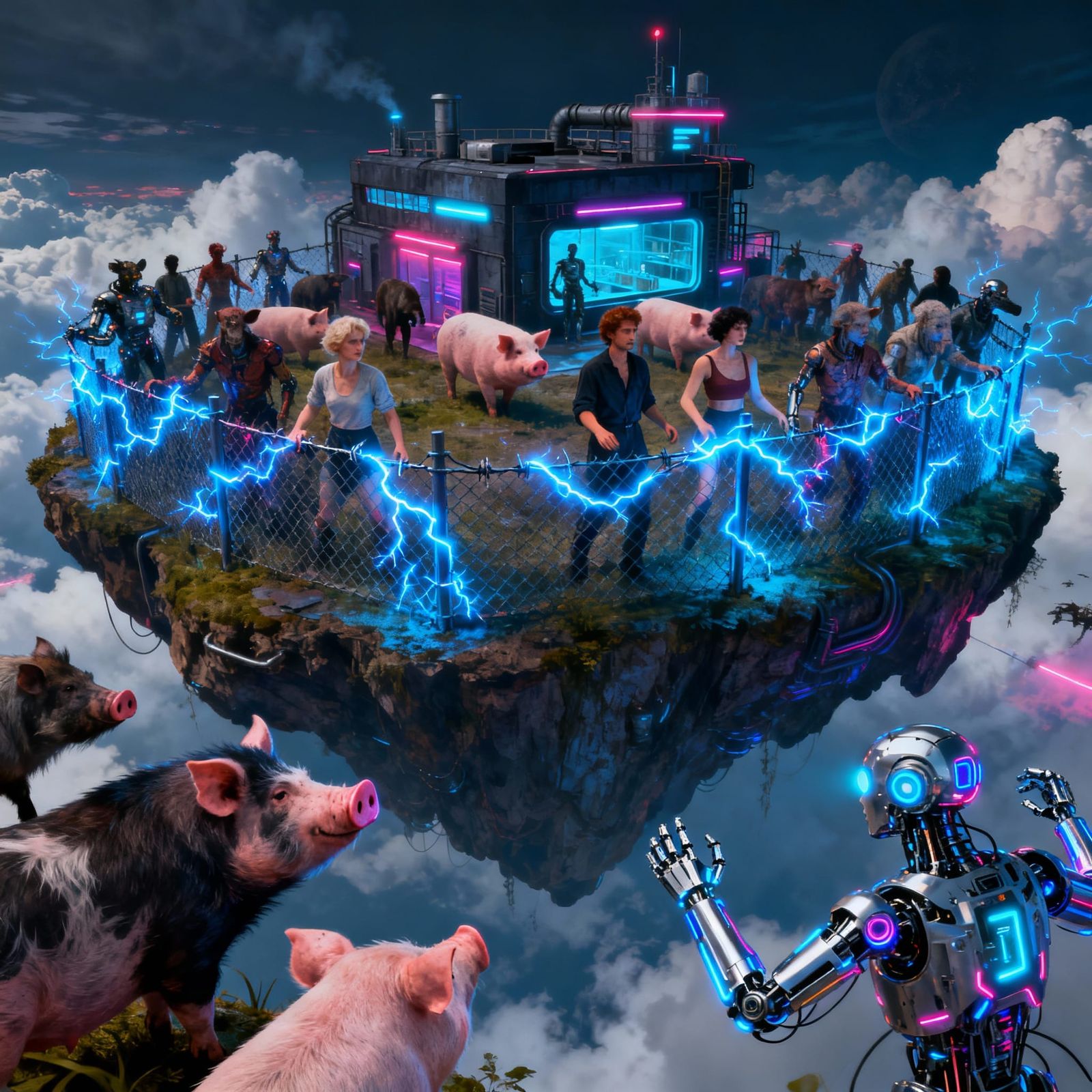 Floating Island of Human-Animal Hybrids and Cyborgs