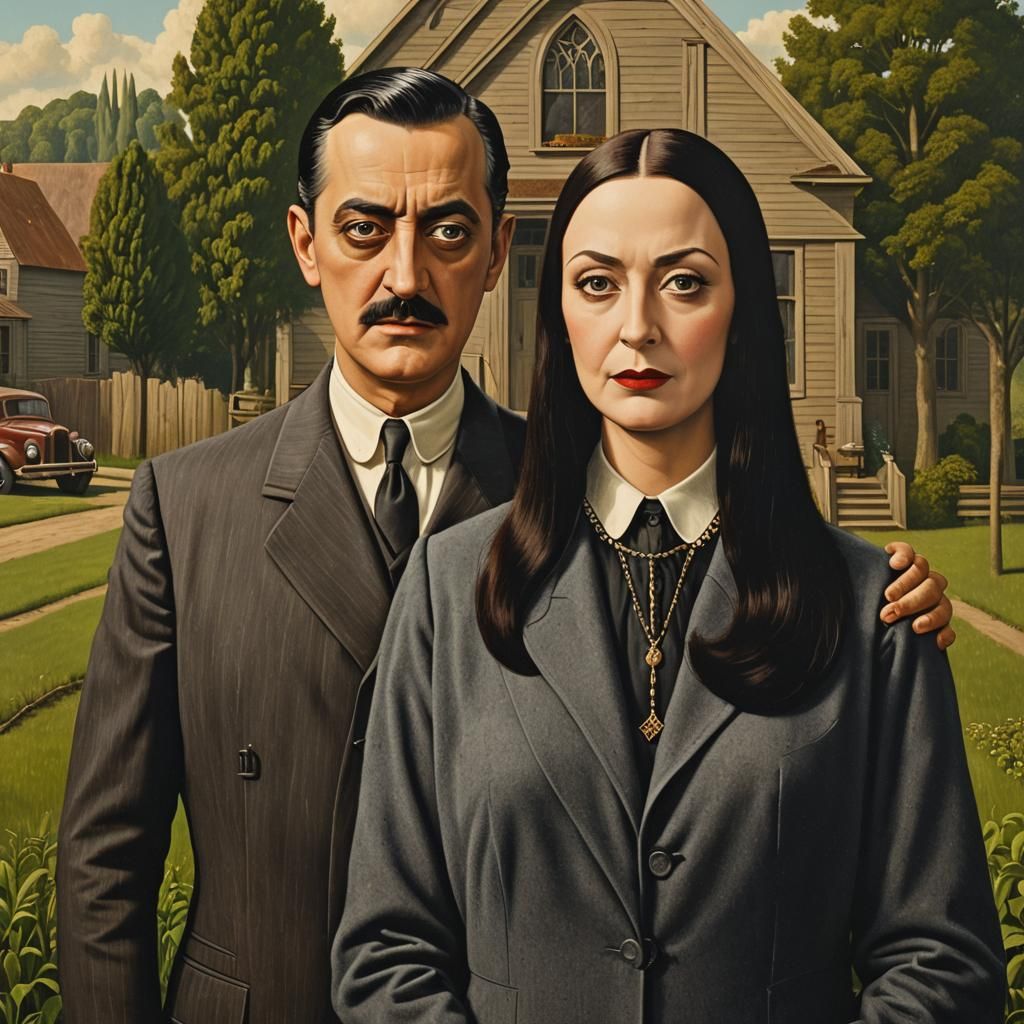 Gomez and Morticia Addams in American Gothic Style