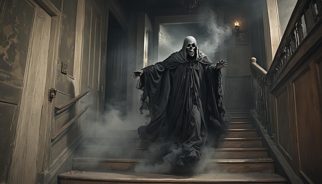 Eerie Ghost Descends Staircase in a Matte Painting