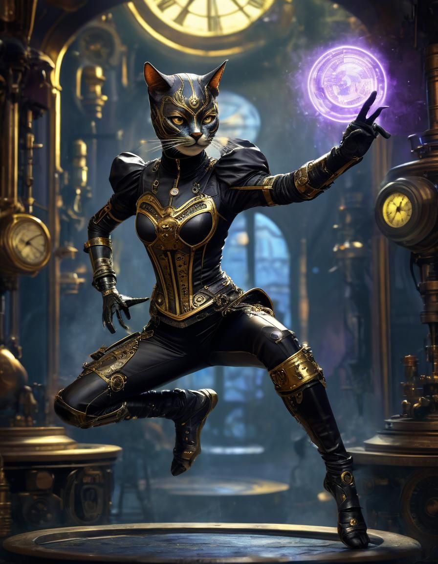 Steampunk Cat Woman Kicking, Dark Fantasy Concept Art