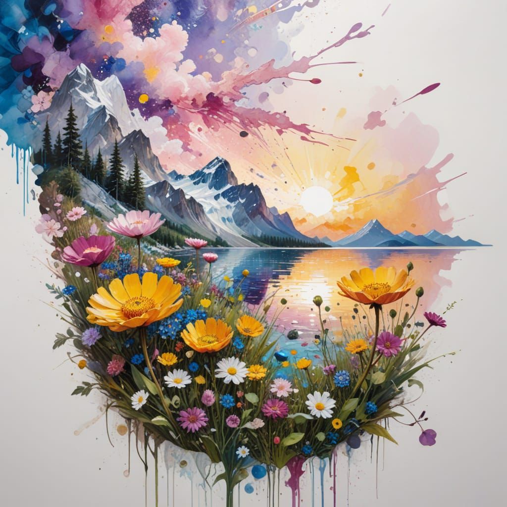 Serene Alpine Lake with Wildflowers