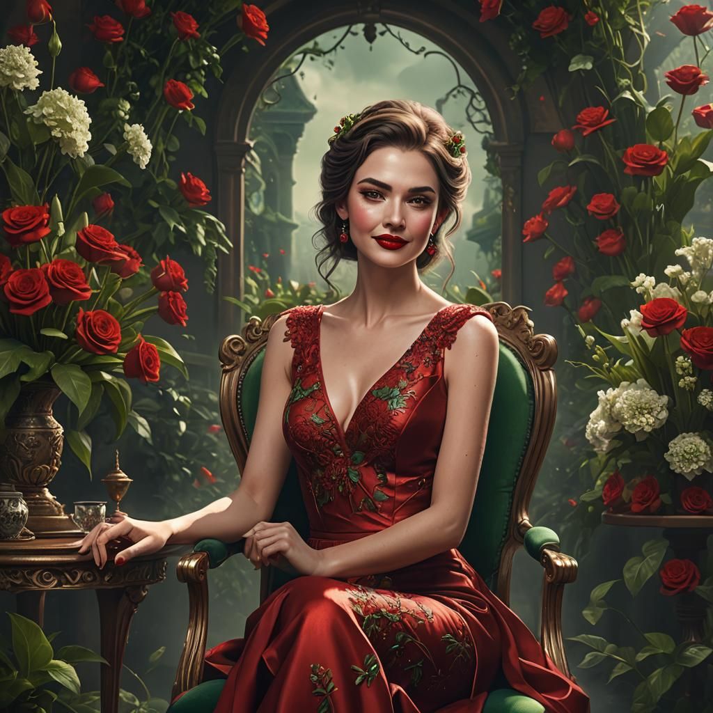 Sensual Woman in Red Dress: Detailed Matte Painting
