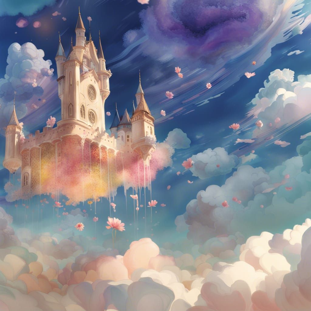 Ethereal Castle Floating on Cloud in Rococo Style