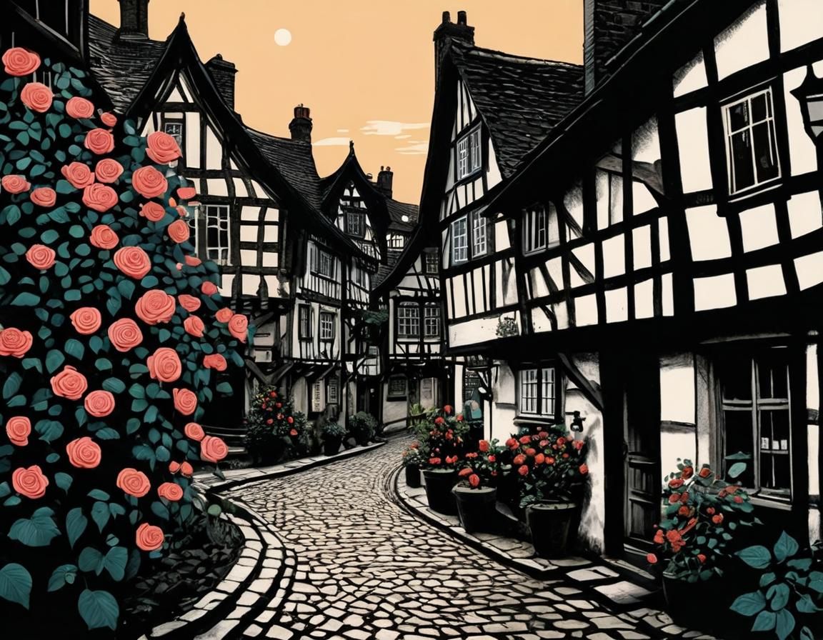 Charming Rose-Lined Alley at Dusk, Shadow Art Style