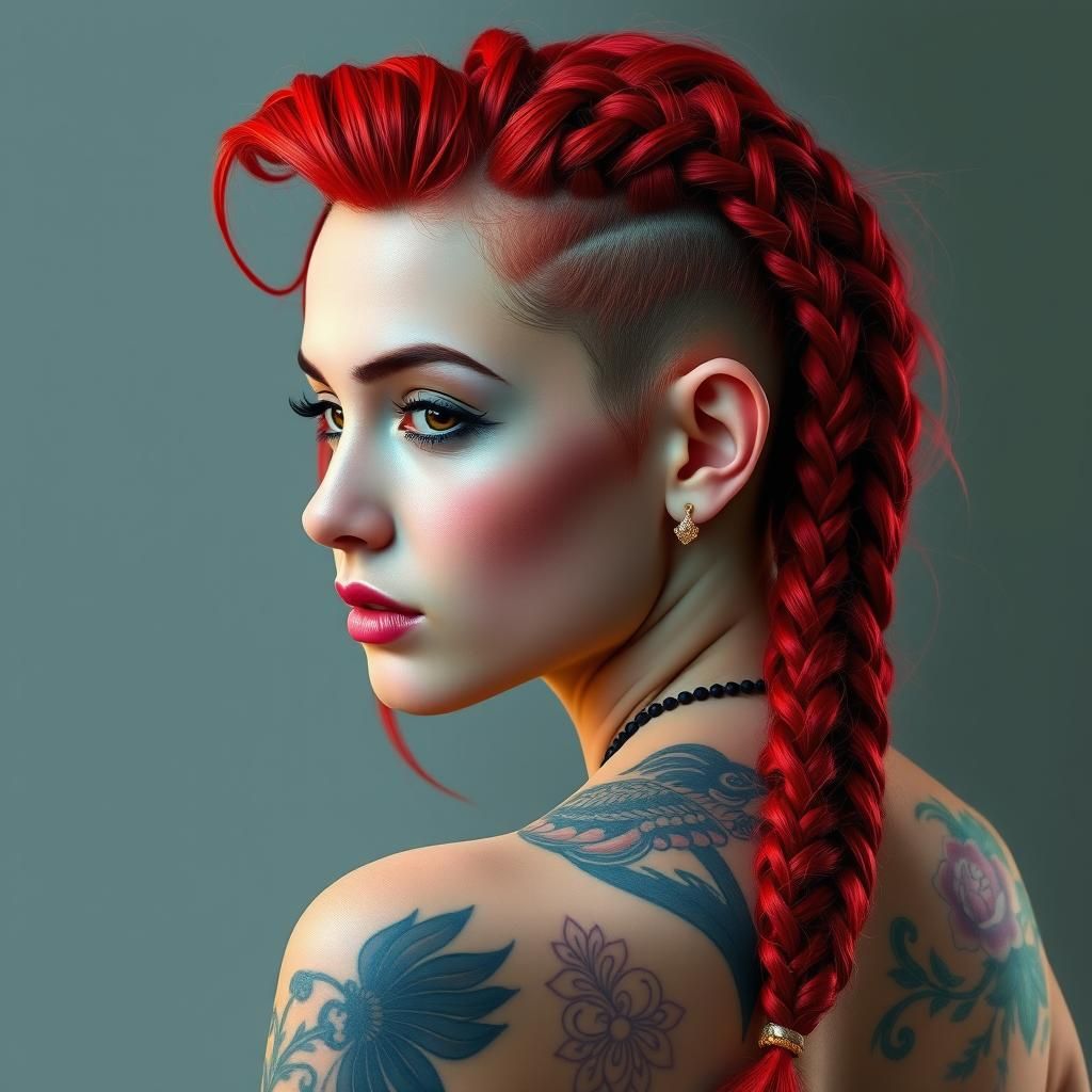 Crimson Braids and Colorful Tattoos: Edgy Digital Portrait