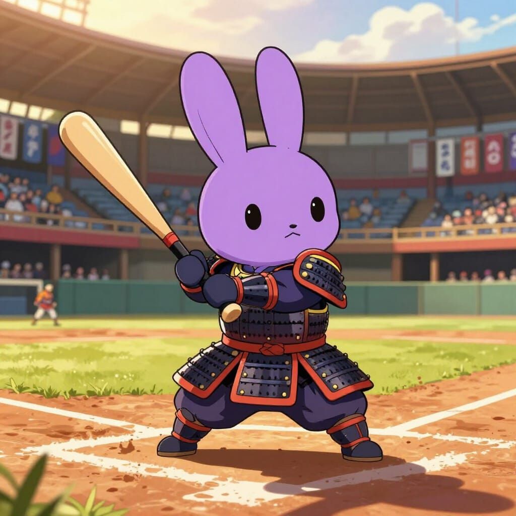 Samurai Miffy Bunny Hits Home Run in Feudal Japan Baseball